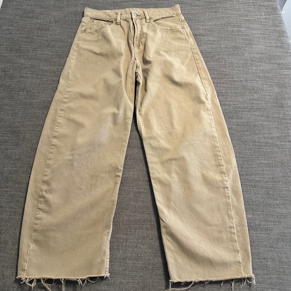 GAP Barrel High Rise Jeans Womens 27/4R Khaki Tan  Raw Hem Wide Leg